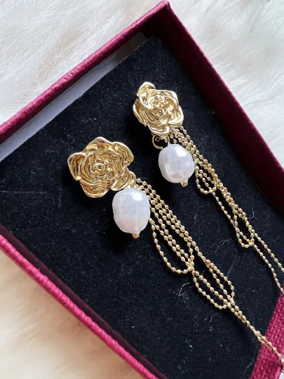 Lux - Roses Flower Gold statement earrings with pearl| dangle pearl drop earrings | multiple pearl chain earrings | Korean earrings