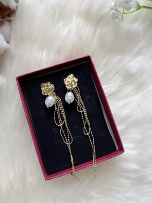 Lux - Roses Flower Gold statement earrings with pearl| dangle pearl drop earrings | multiple pearl chain earrings | Korean earrings