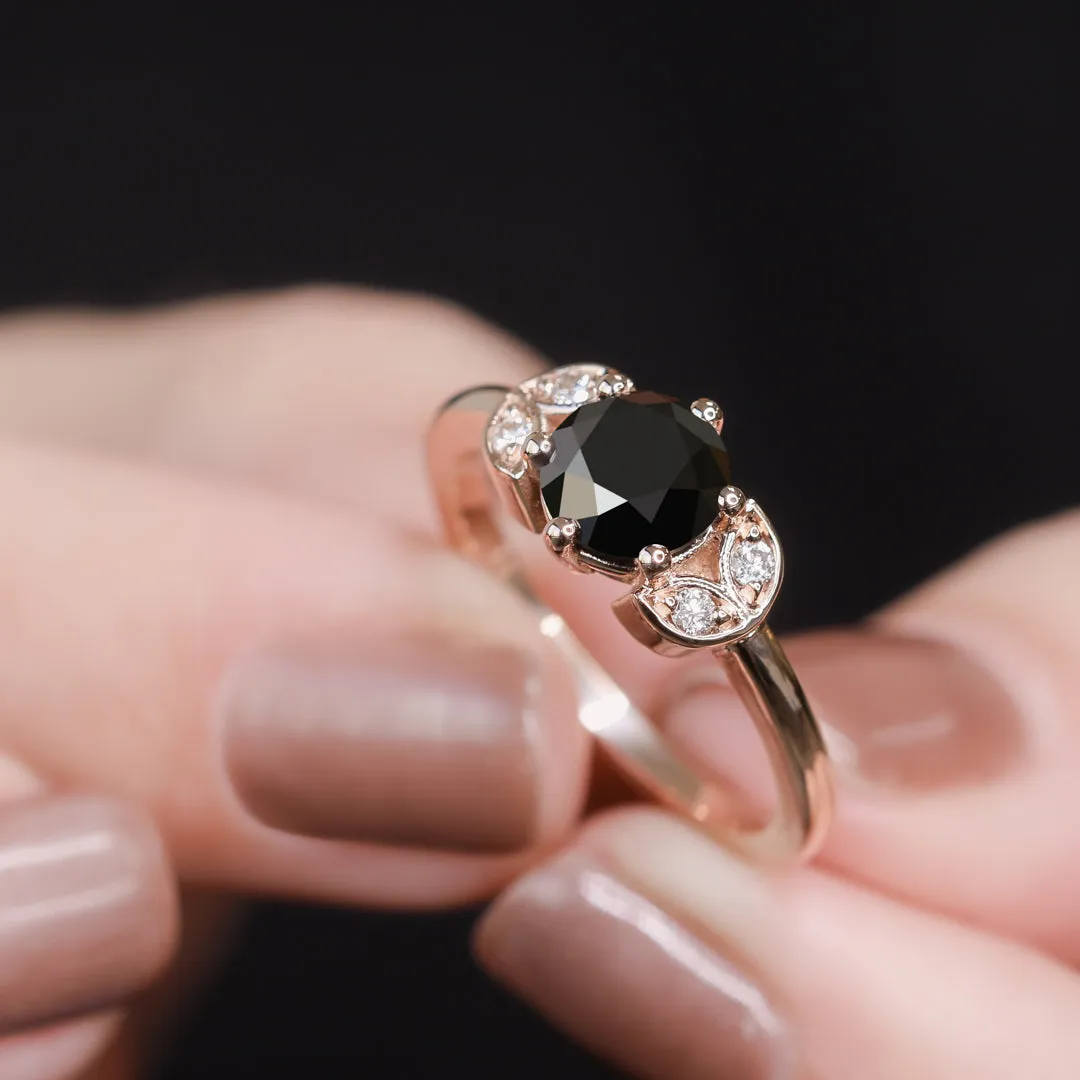 Lynx  Floral  Natural Black Diamond Round Cut Engagement Ring