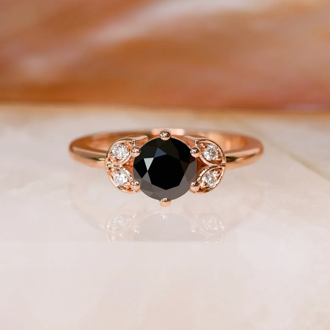 Lynx  Floral  Natural Black Diamond Round Cut Engagement Ring