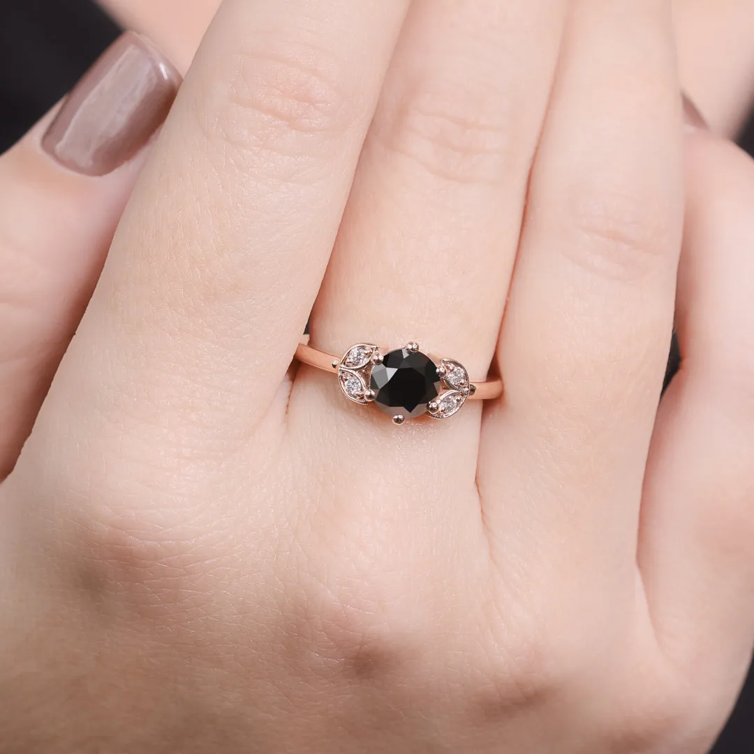 Lynx  Floral  Natural Black Diamond Round Cut Engagement Ring