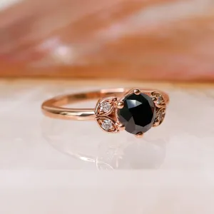 Lynx  Floral  Natural Black Diamond Round Cut Engagement Ring