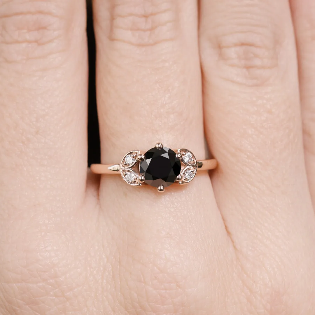 Lynx  Floral  Natural Black Diamond Round Cut Engagement Ring