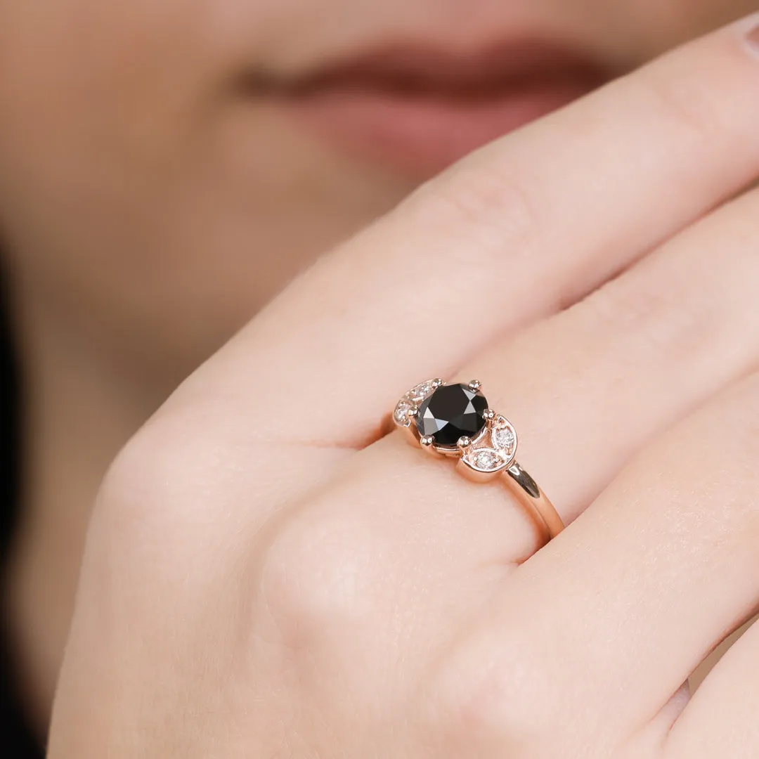 Lynx  Floral  Natural Black Diamond Round Cut Engagement Ring