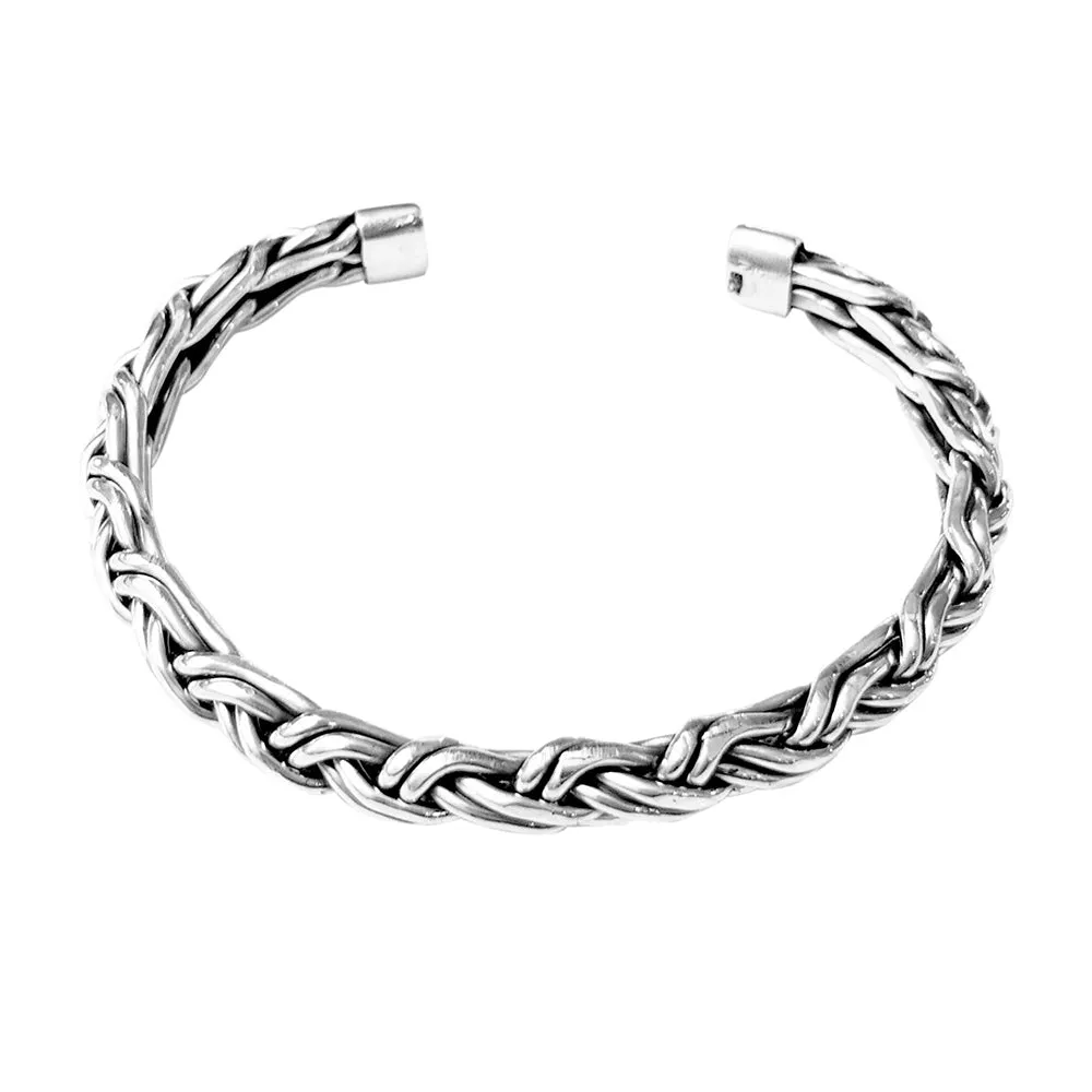 Men's 925 Sterling Silver Bangle Braided Details, Silver Cuff Bangle for Men