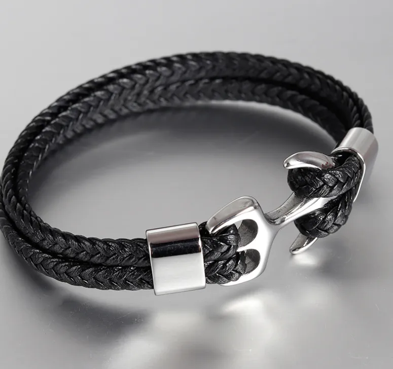 Men's Stainless Steel Anchor Bracelet Vintage Woven Leather Leather Bracelet Multilayer Leather Bracelet Couple Bracelet