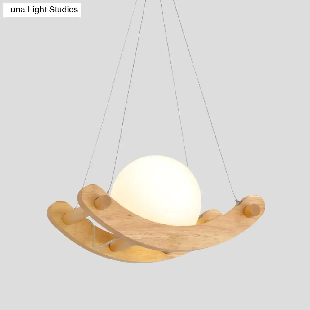 Modernist 1-Light Wood Pendant Lamp with Milk White Glass Shade - Beige Arced Ceiling Hanging Design