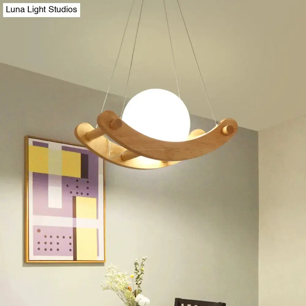 Modernist 1-Light Wood Pendant Lamp with Milk White Glass Shade - Beige Arced Ceiling Hanging Design