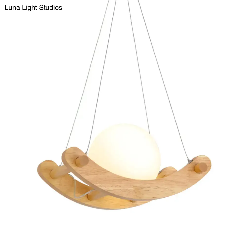 Modernist 1-Light Wood Pendant Lamp with Milk White Glass Shade - Beige Arced Ceiling Hanging Design