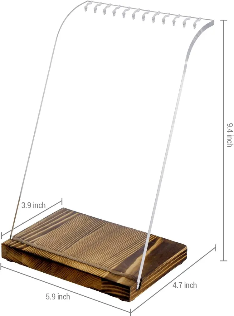 Multi Necklace Holder with Clear Acrylic Panel and Burnt Wood Base, Tabletop Jewelry Easel Stand Retail Display