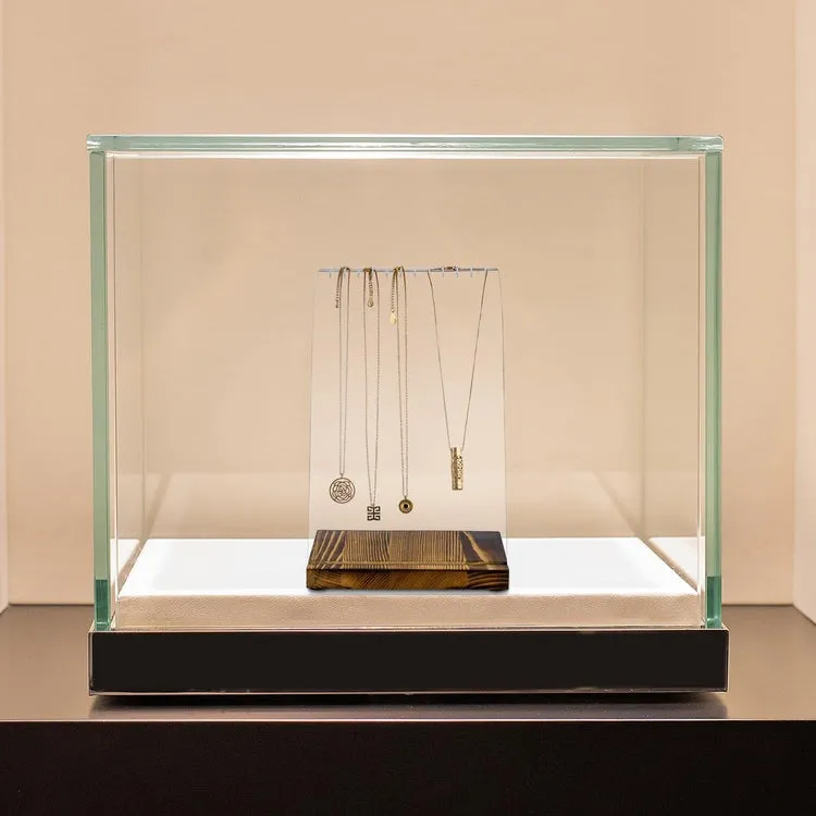 Multi Necklace Holder with Clear Acrylic Panel and Burnt Wood Base, Tabletop Jewelry Easel Stand Retail Display