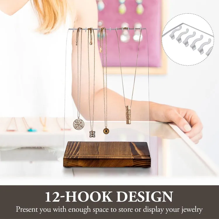 Multi Necklace Holder with Clear Acrylic Panel and Burnt Wood Base, Tabletop Jewelry Easel Stand Retail Display