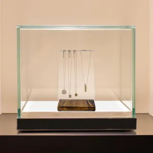 Multi Necklace Holder with Clear Acrylic Panel and Burnt Wood Base, Tabletop Jewelry Easel Stand Retail Display