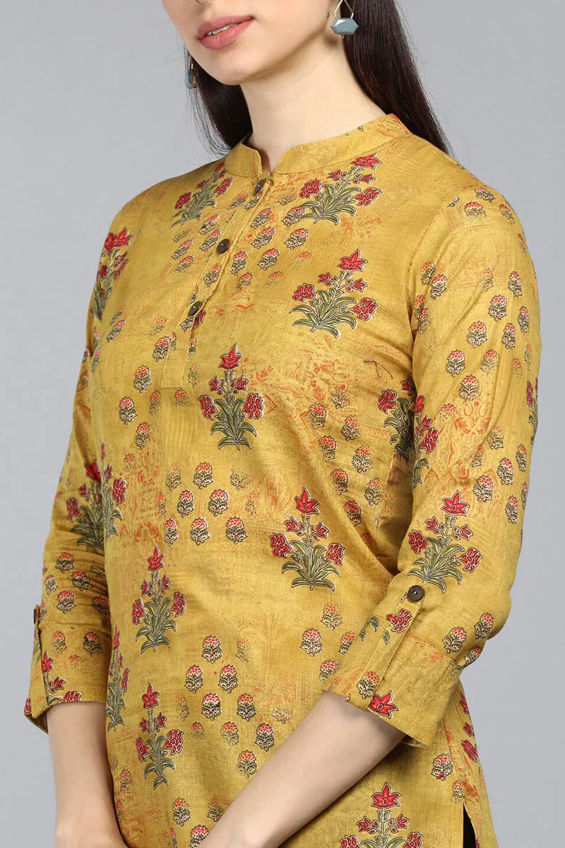 Mustard Cotton Ethnic Motifs Regular Tunic Top