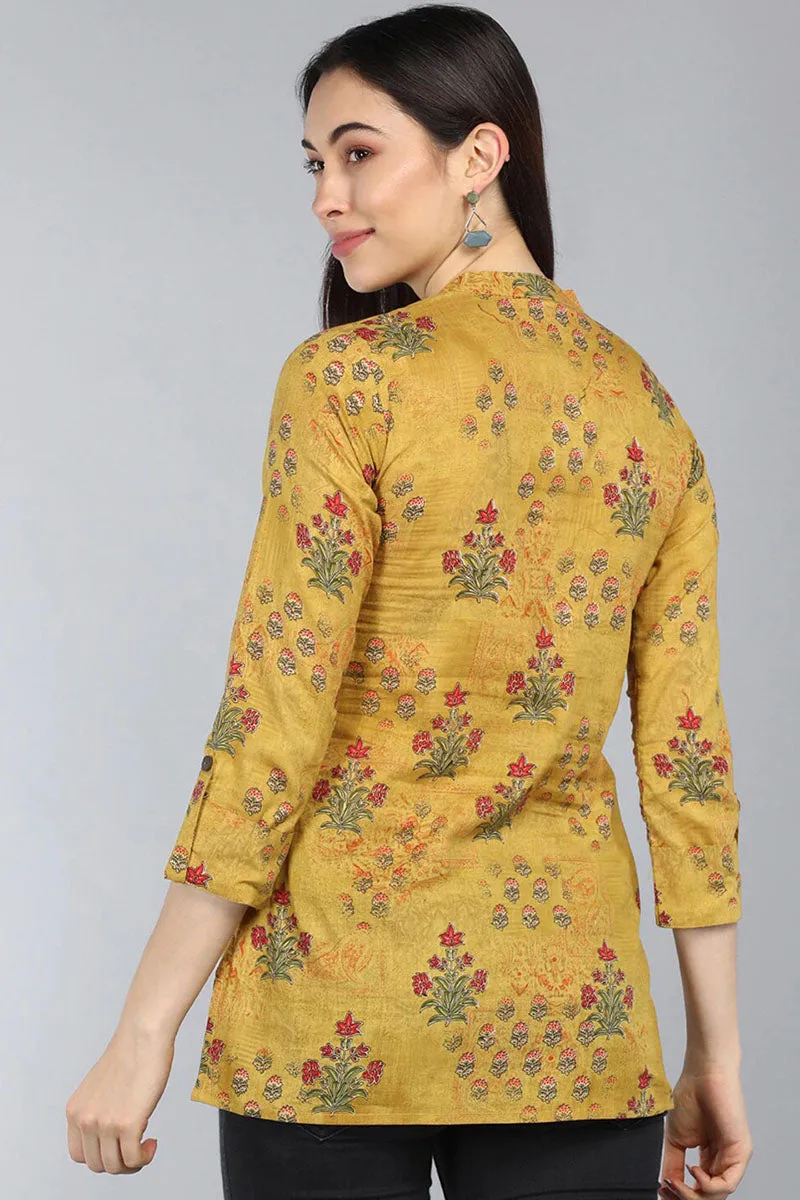 Mustard Cotton Ethnic Motifs Regular Tunic Top