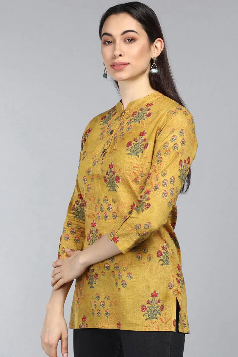 Mustard Cotton Ethnic Motifs Regular Tunic Top