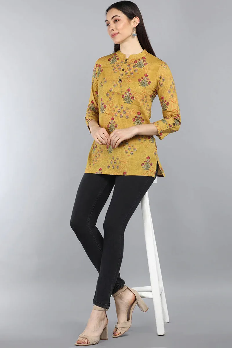 Mustard Cotton Ethnic Motifs Regular Tunic Top