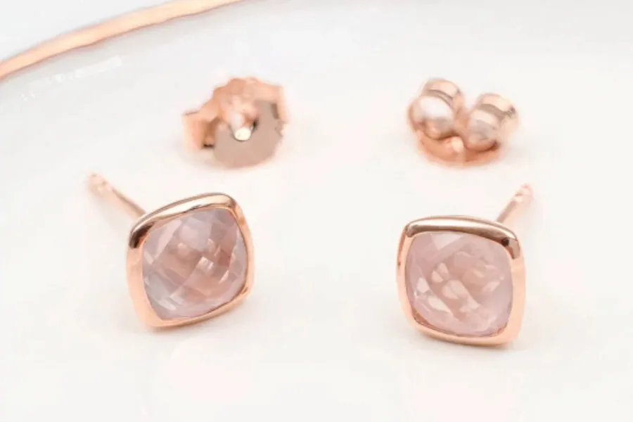 Natural Cushion Cut Rose Quartz Simple Bezel Set Solitaire Studs - 14k Rose Gold Vermeil Studs