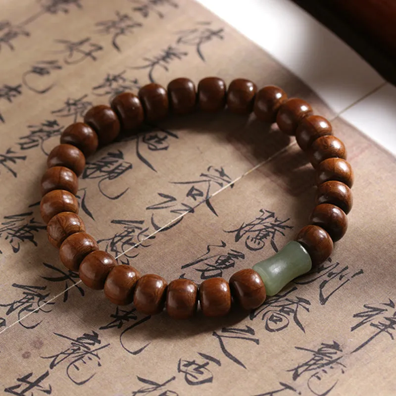 Natural Six Wooden and Jade Bracelet Set with Sterling Silver Details