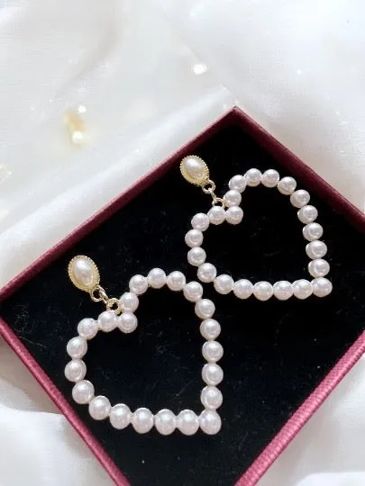 Pearl - heart earrings | heart hoop earrings | golden dangle earrings | pearl white drop earrings | Korean earrings| valentine gift