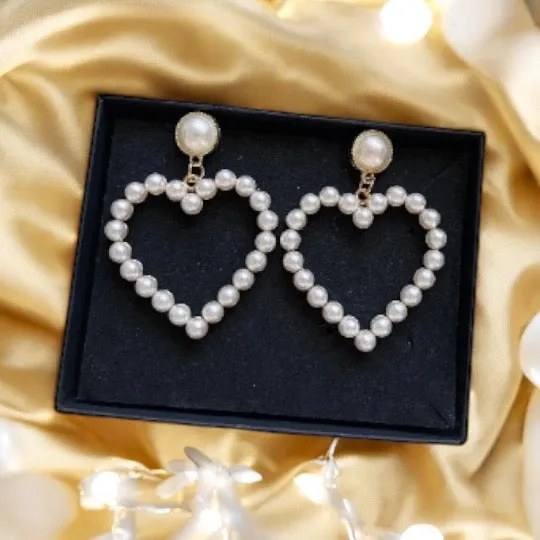 Pearl - heart earrings | heart hoop earrings | golden dangle earrings | pearl white drop earrings | Korean earrings| valentine gift