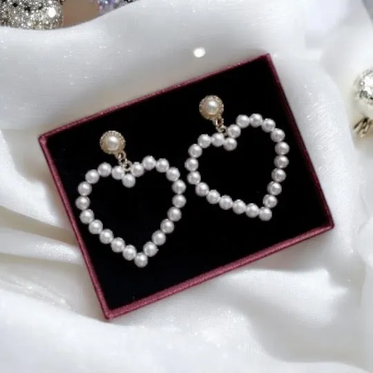 Pearl - heart earrings | heart hoop earrings | golden dangle earrings | pearl white drop earrings | Korean earrings| valentine gift