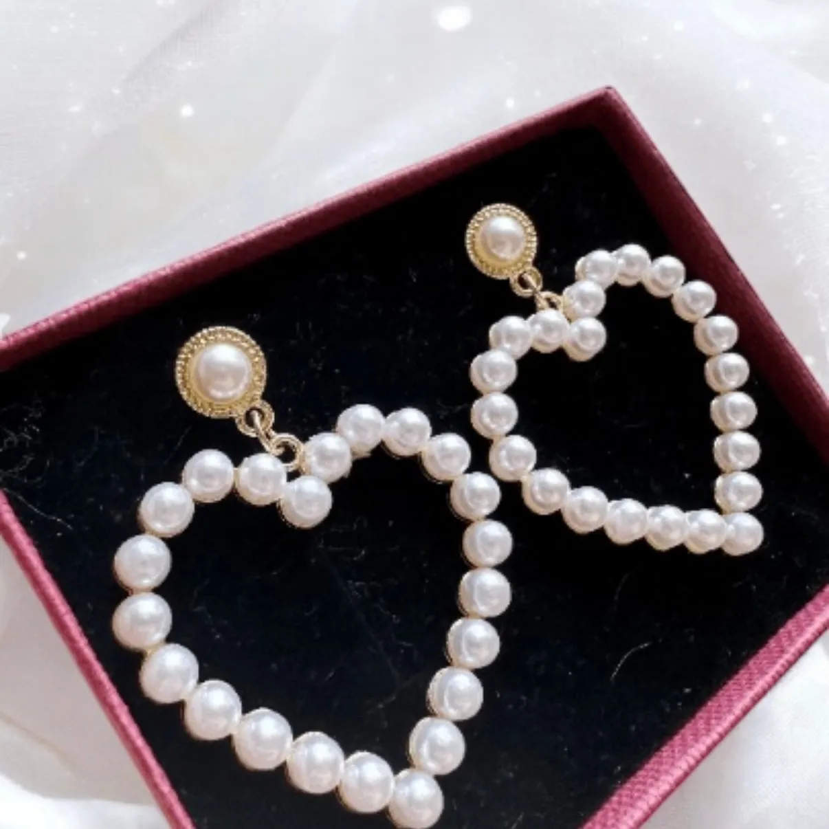 Pearl - heart earrings | heart hoop earrings | golden dangle earrings | pearl white drop earrings | Korean earrings| valentine gift