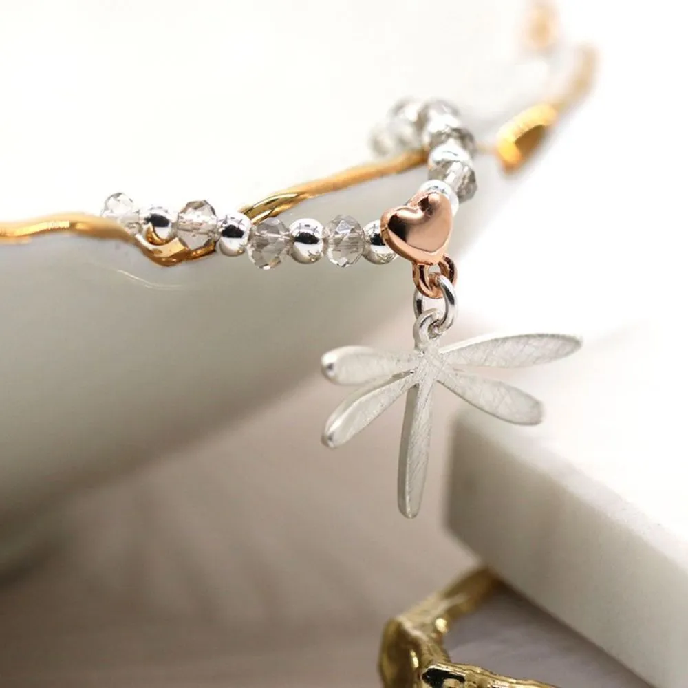 POM 20mm Crystal Bead Silver Plated Dragonfly Heart Bracelet