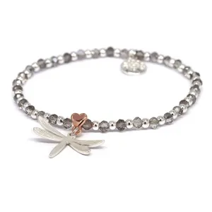 POM 20mm Crystal Bead Silver Plated Dragonfly Heart Bracelet