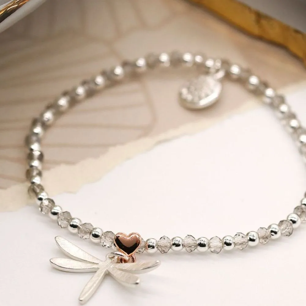 POM 20mm Crystal Bead Silver Plated Dragonfly Heart Bracelet