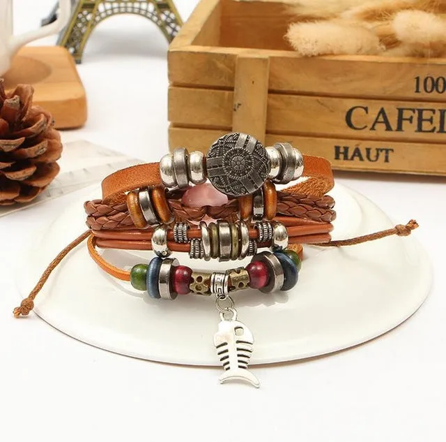 Retro rope Adjustable Leather men Multilevel Feather eyes bracelets rope hand woven bracelet for women braided Jewelry