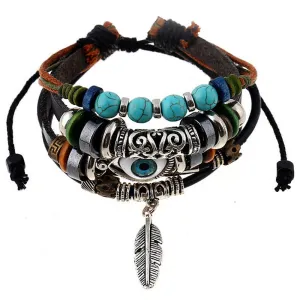 Retro rope Adjustable Leather men Multilevel Feather eyes bracelets rope hand woven bracelet for women braided Jewelry