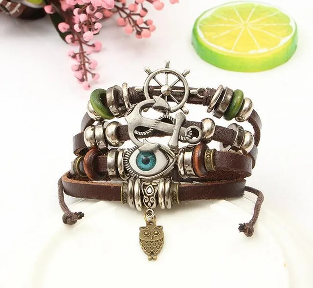 Retro rope Adjustable Leather men Multilevel Feather eyes bracelets rope hand woven bracelet for women braided Jewelry