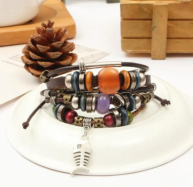 Retro rope Adjustable Leather men Multilevel Feather eyes bracelets rope hand woven bracelet for women braided Jewelry