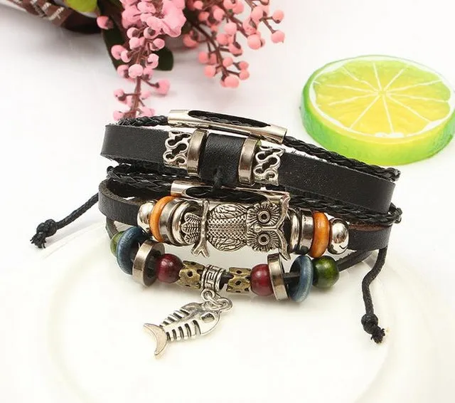 Retro rope Adjustable Leather men Multilevel Feather eyes bracelets rope hand woven bracelet for women braided Jewelry