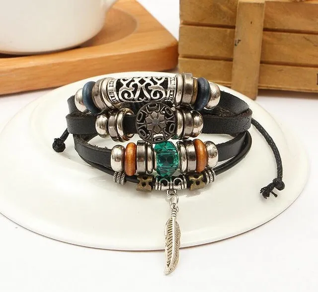 Retro rope Adjustable Leather men Multilevel Feather eyes bracelets rope hand woven bracelet for women braided Jewelry