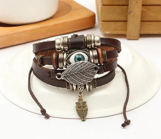 Retro rope Adjustable Leather men Multilevel Feather eyes bracelets rope hand woven bracelet for women braided Jewelry