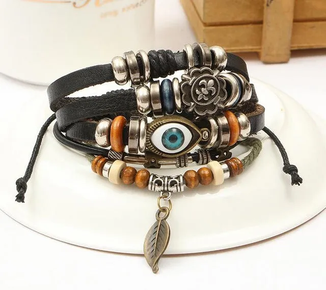 Retro rope Adjustable Leather men Multilevel Feather eyes bracelets rope hand woven bracelet for women braided Jewelry