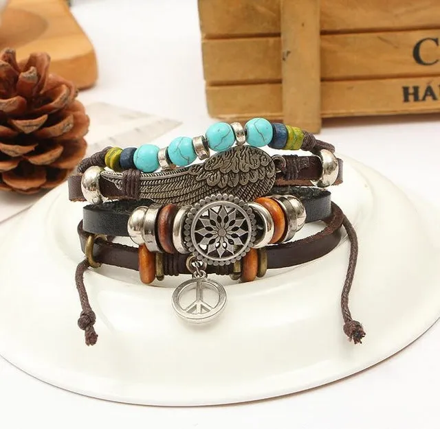 Retro rope Adjustable Leather men Multilevel Feather eyes bracelets rope hand woven bracelet for women braided Jewelry