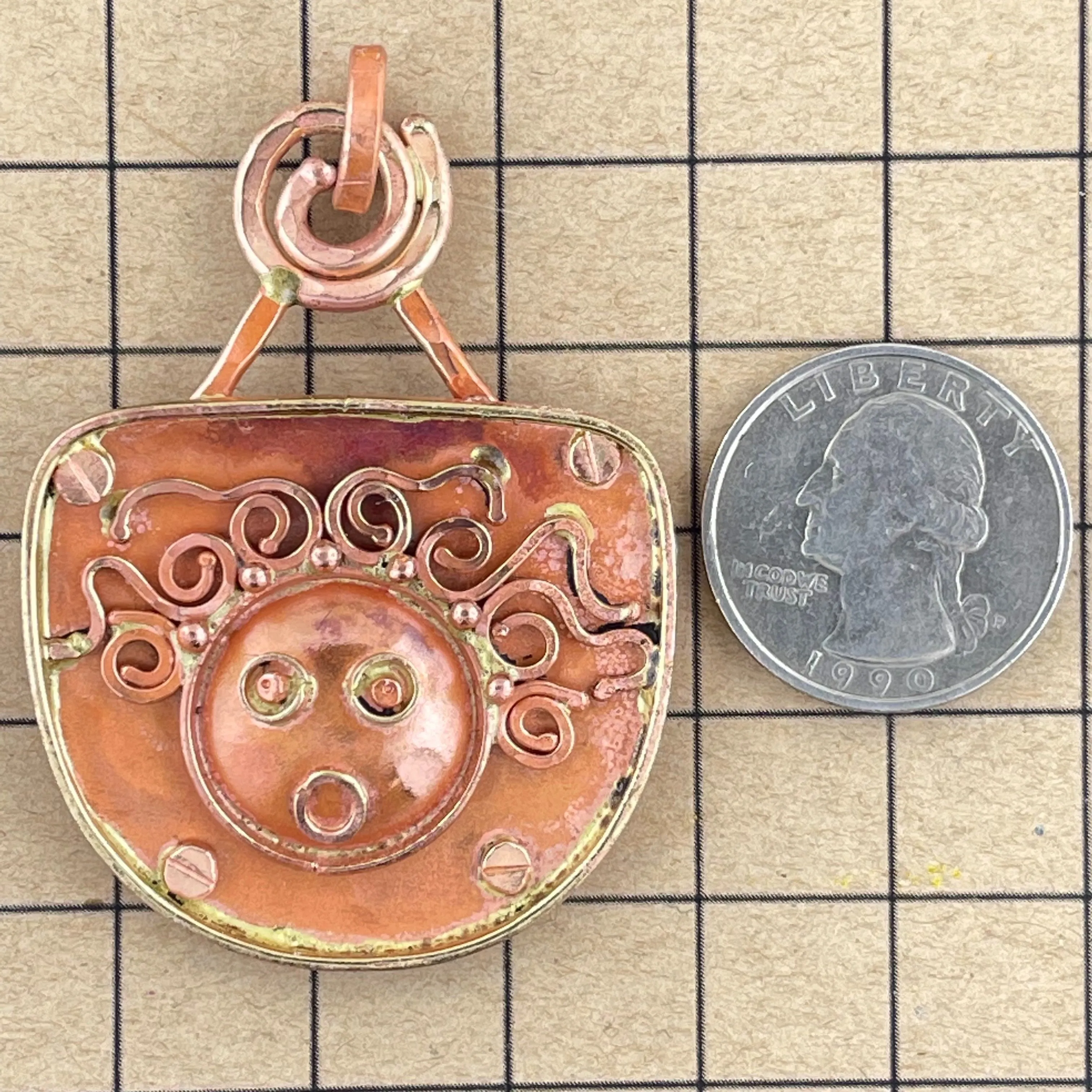 Reversible Copper "Crazy Haired Lady", Reverse Side: "LOVE" Pendant