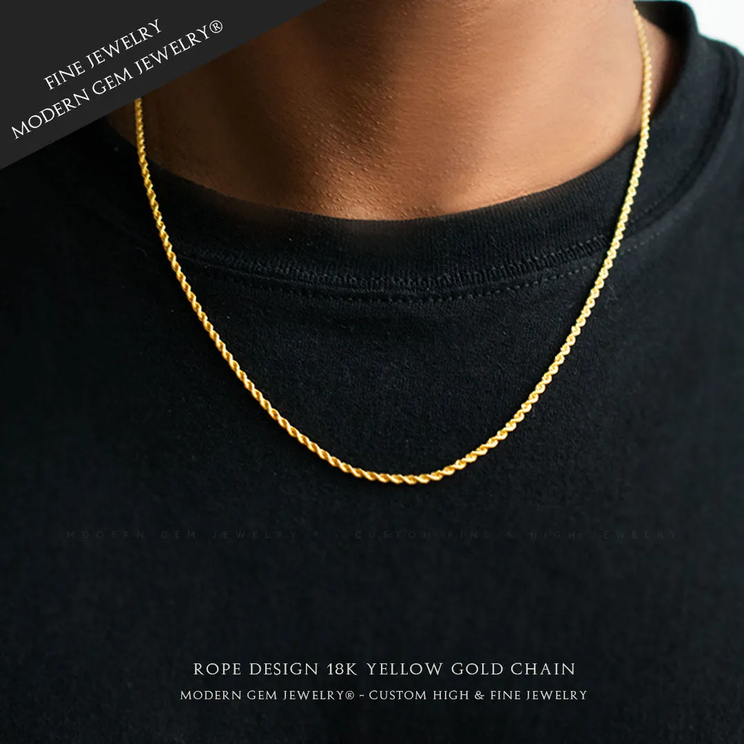 Rope Chain Necklace 18K Yellow Gold  For Men or Women