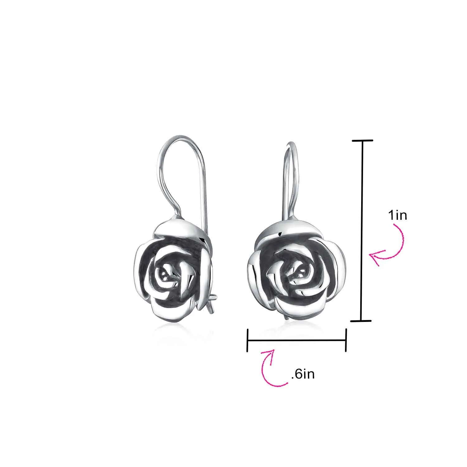 Rose Flower Drop Earrings French Wire Black Oxidized Sterling Silver