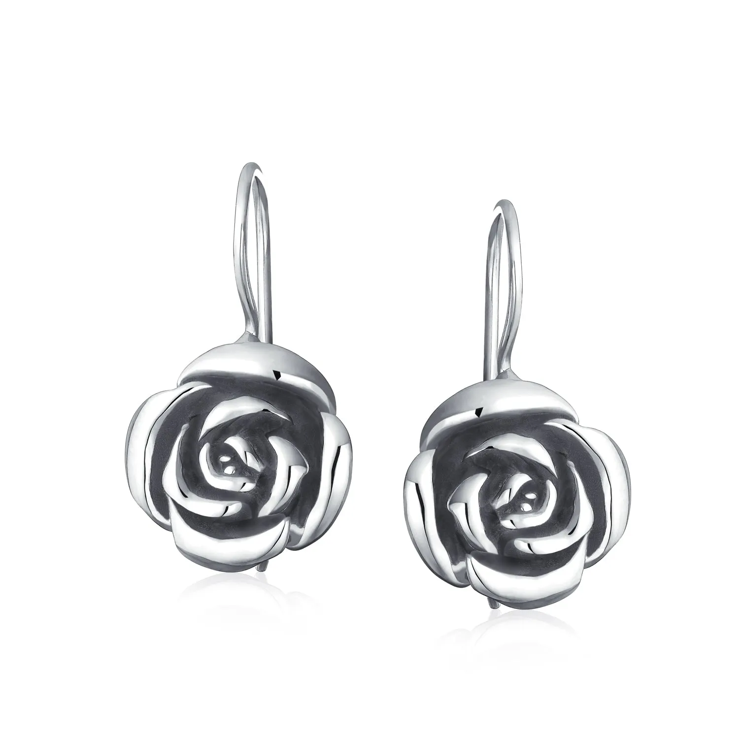 Rose Flower Drop Earrings French Wire Black Oxidized Sterling Silver