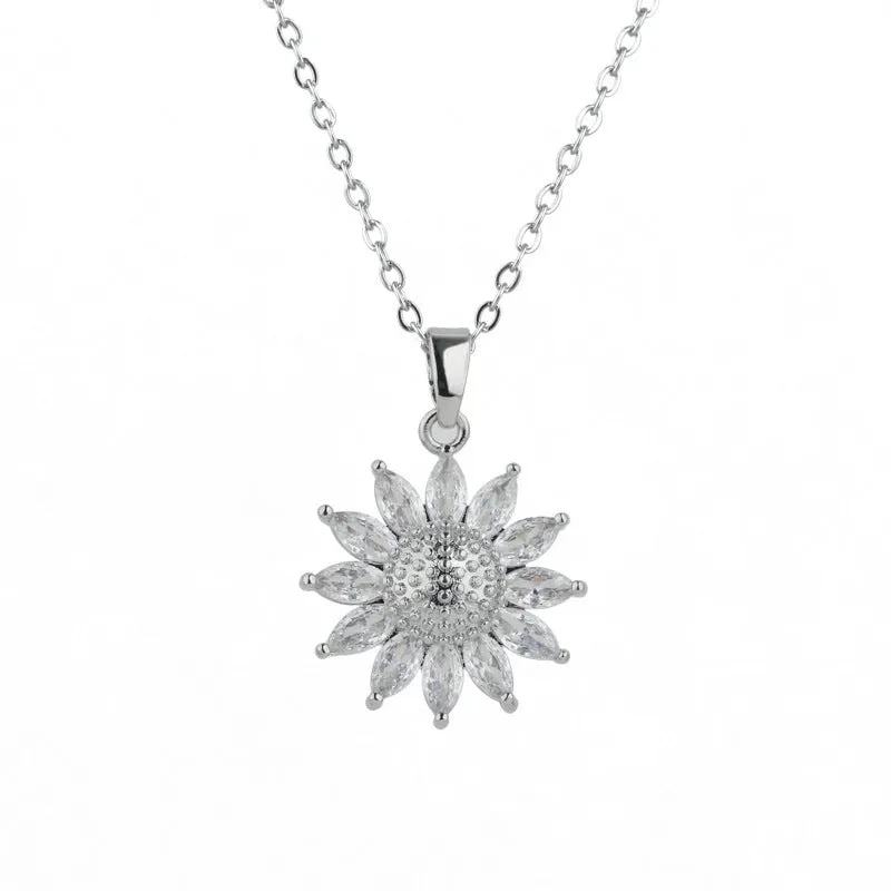 Rustic Flower Stainless Steel Diamond Inlay Necklaces