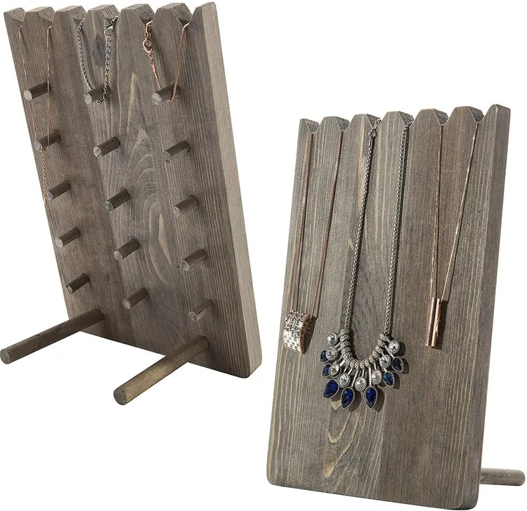 Set of 2 Barnwood Adjustable-Length Necklace Storage Rack, Jewelry Display Holder Stand