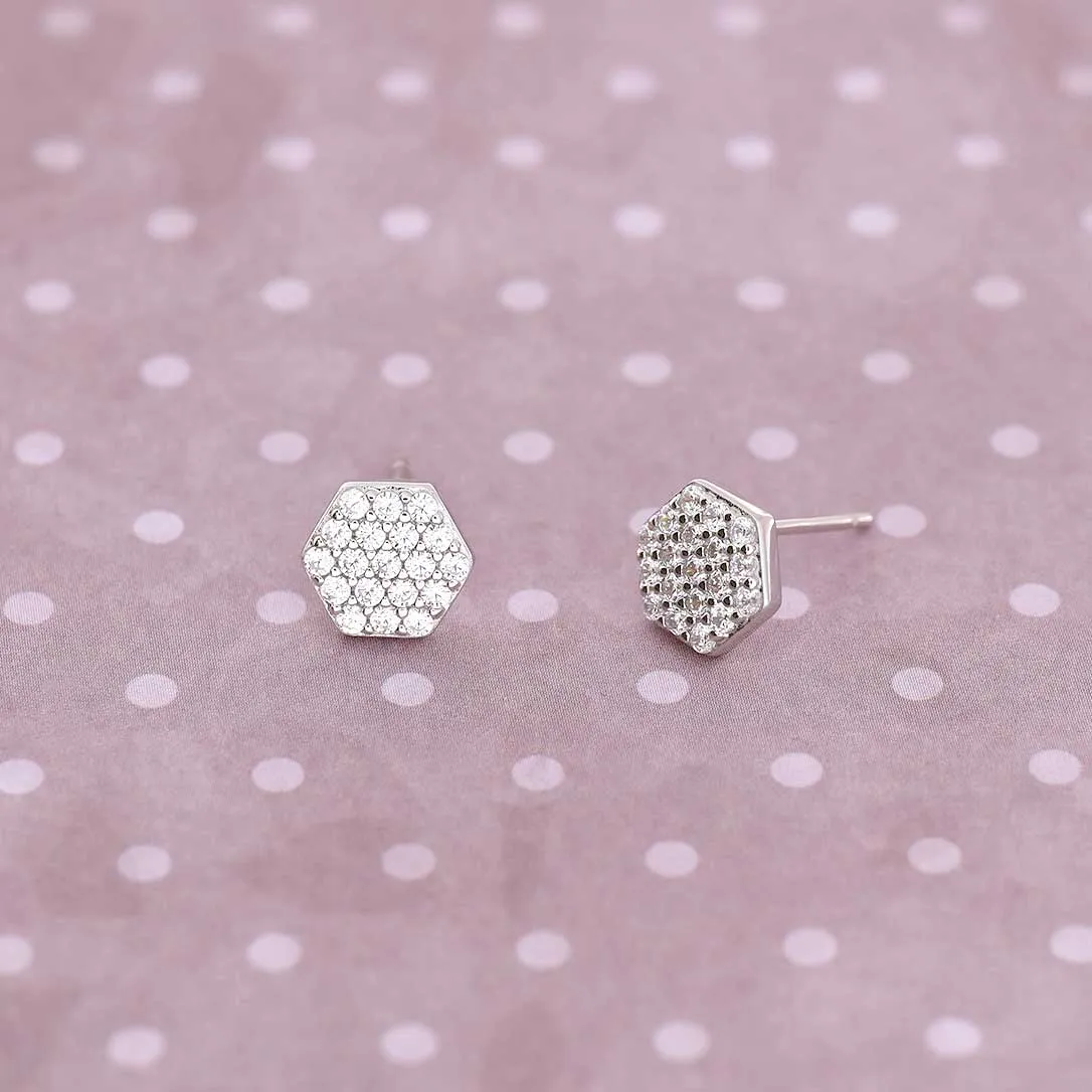 Silver Pavé Hexagon Studs