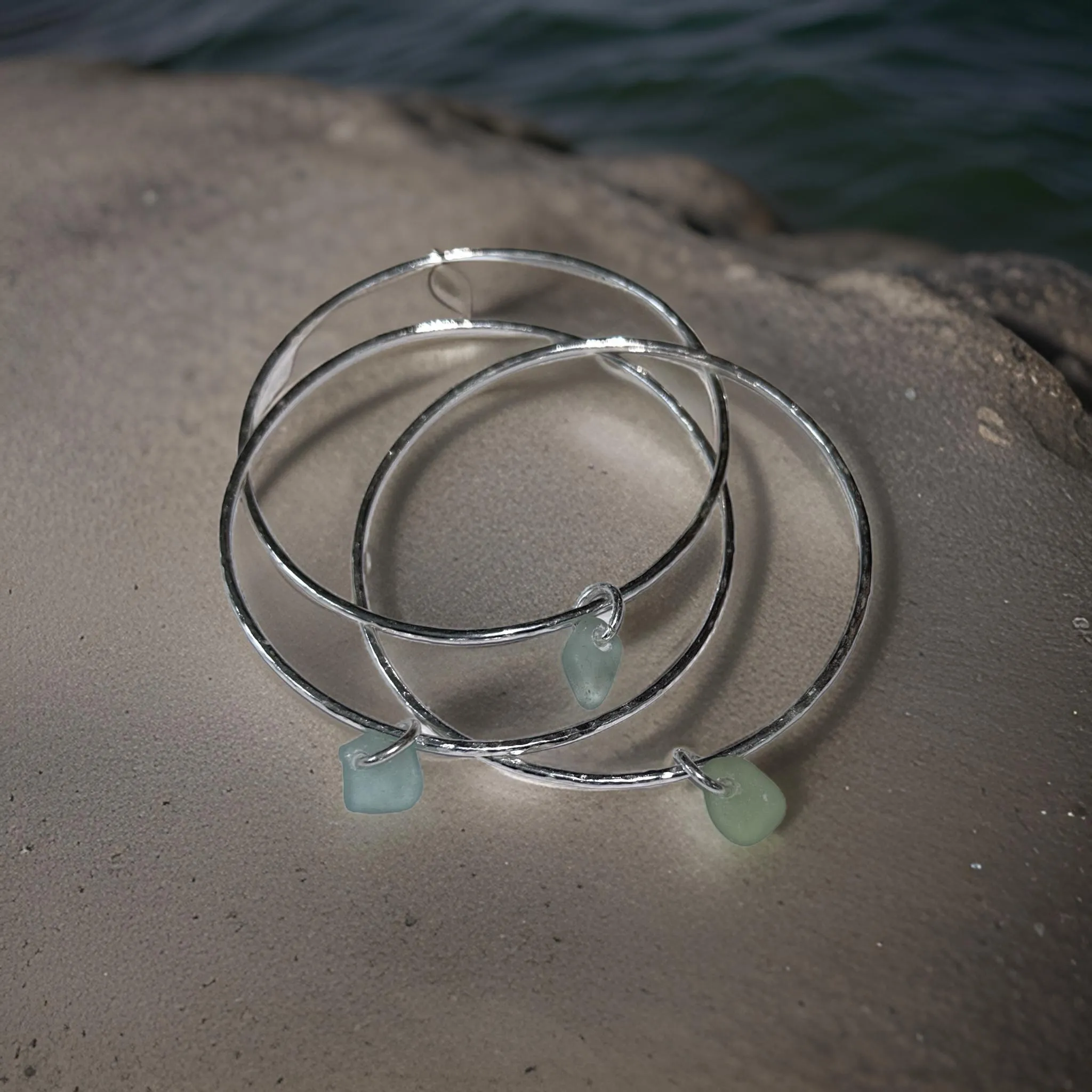 Silver Trio Interlinked Bangle With Sea Glass Charms