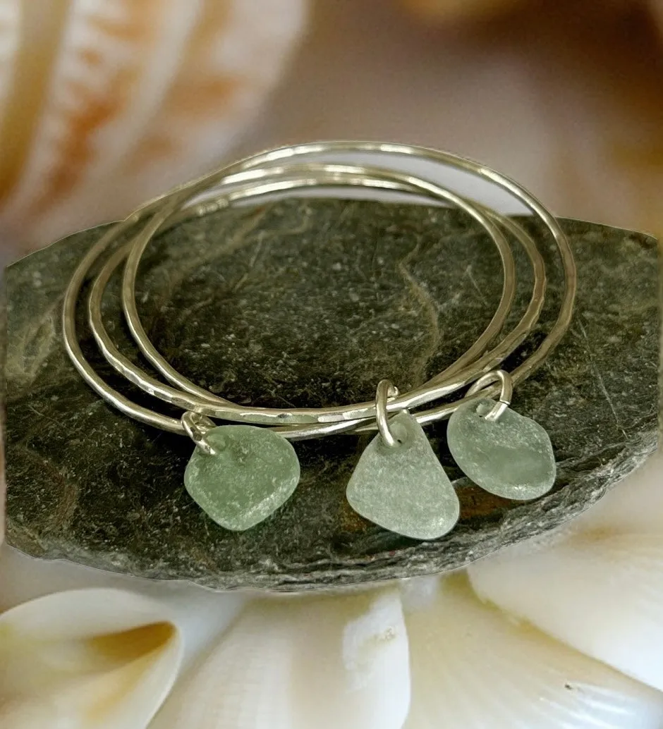 Silver Trio Interlinked Bangle With Sea Glass Charms