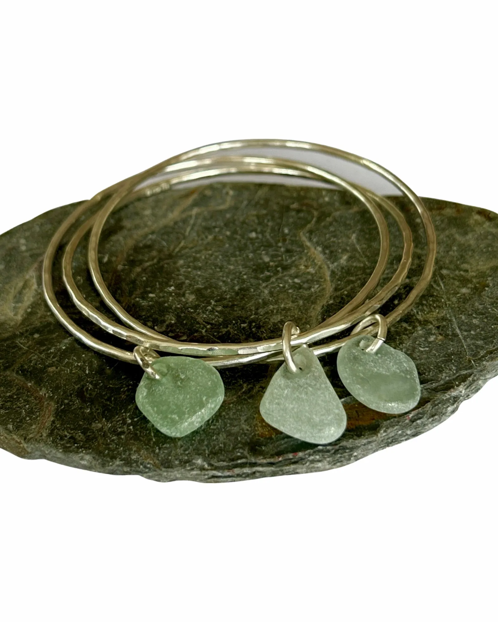 Silver Trio Interlinked Bangle With Sea Glass Charms