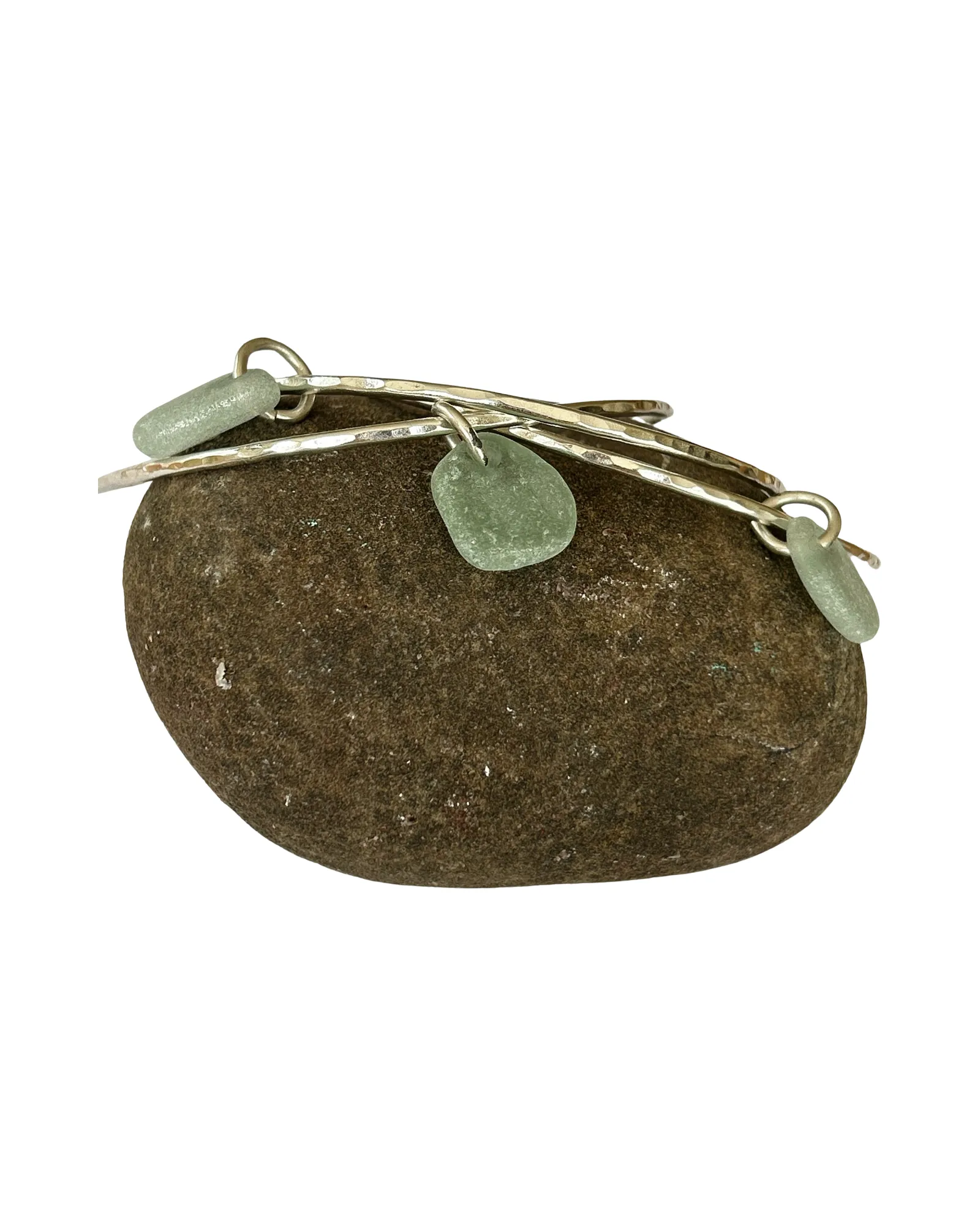 Silver Trio Interlinked Bangle With Sea Glass Charms